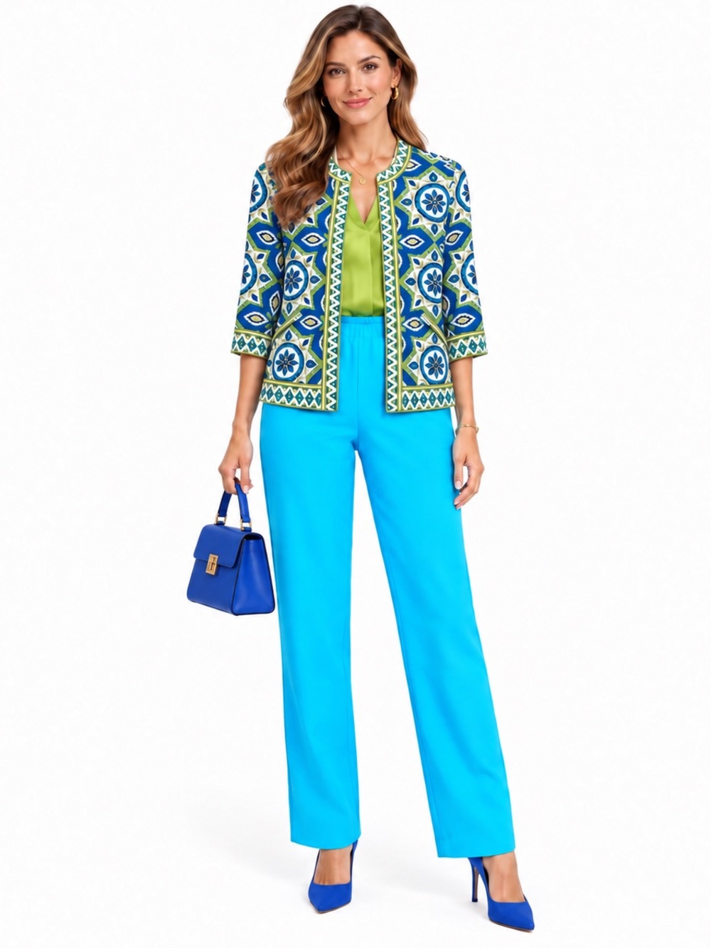 Chico's SZ 1.5 (US 10R) Bright Turquoise Wide-Leg Pants Concealed Side Zipper